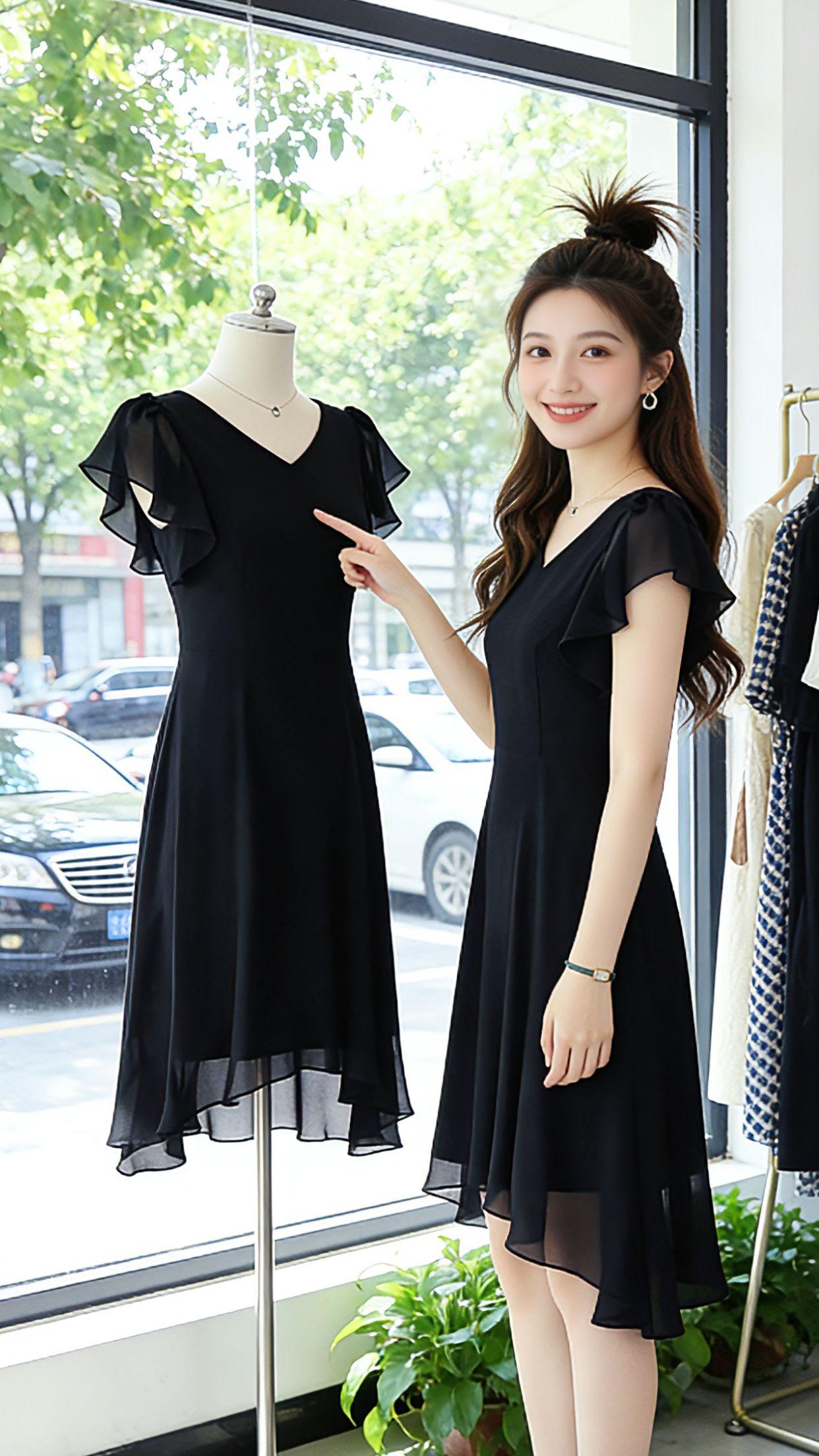 夏天的百搭洋气战袍，被这条小黑裙承包了！V领飞飞袖藏住拜拜肉，高收腰A字摆遮胯显