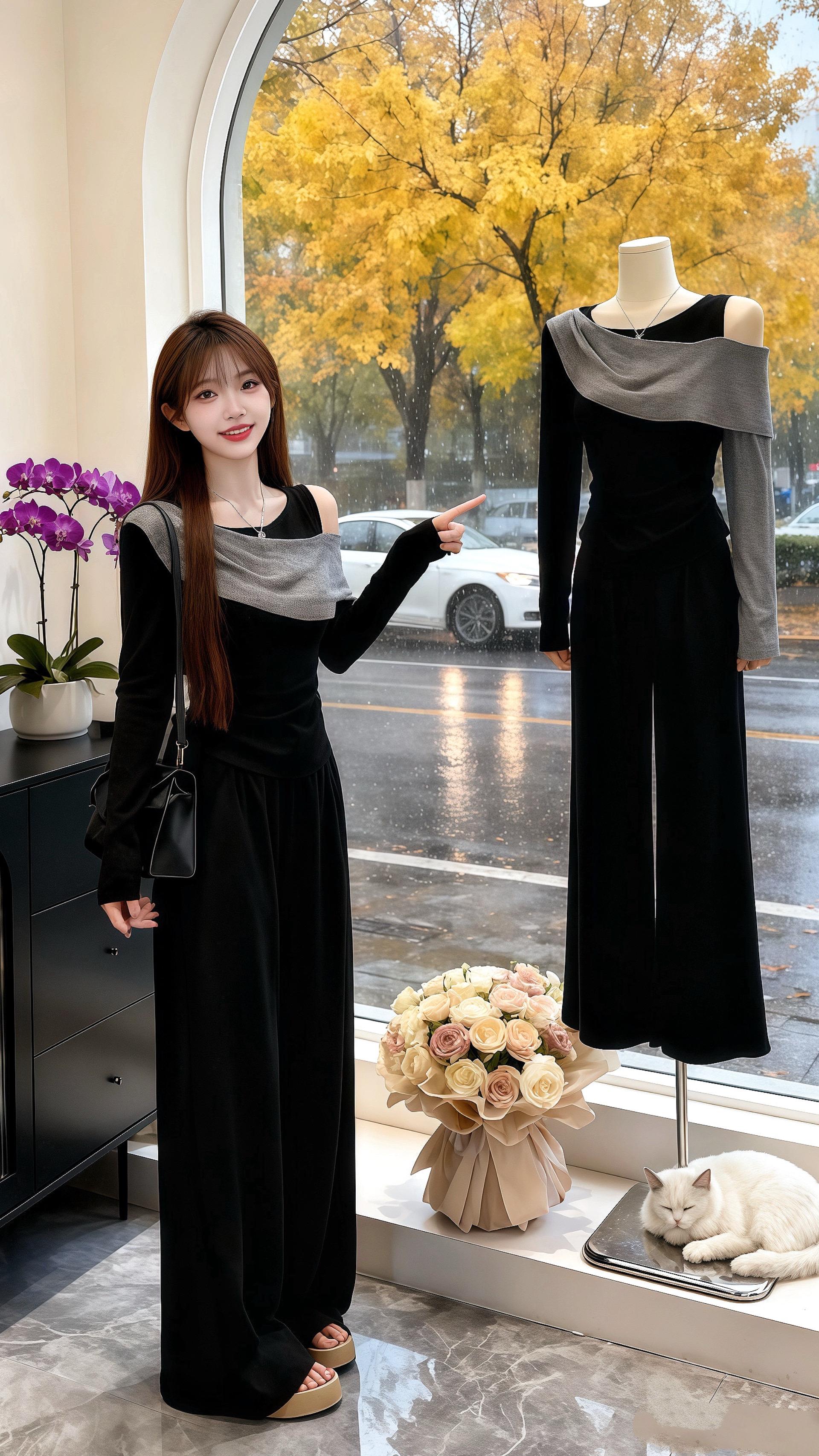 秋日的细雨敲打着女装店的落地窗，许妍抱着泰迪犬“布丁”，指尖抚过露肩拼...
