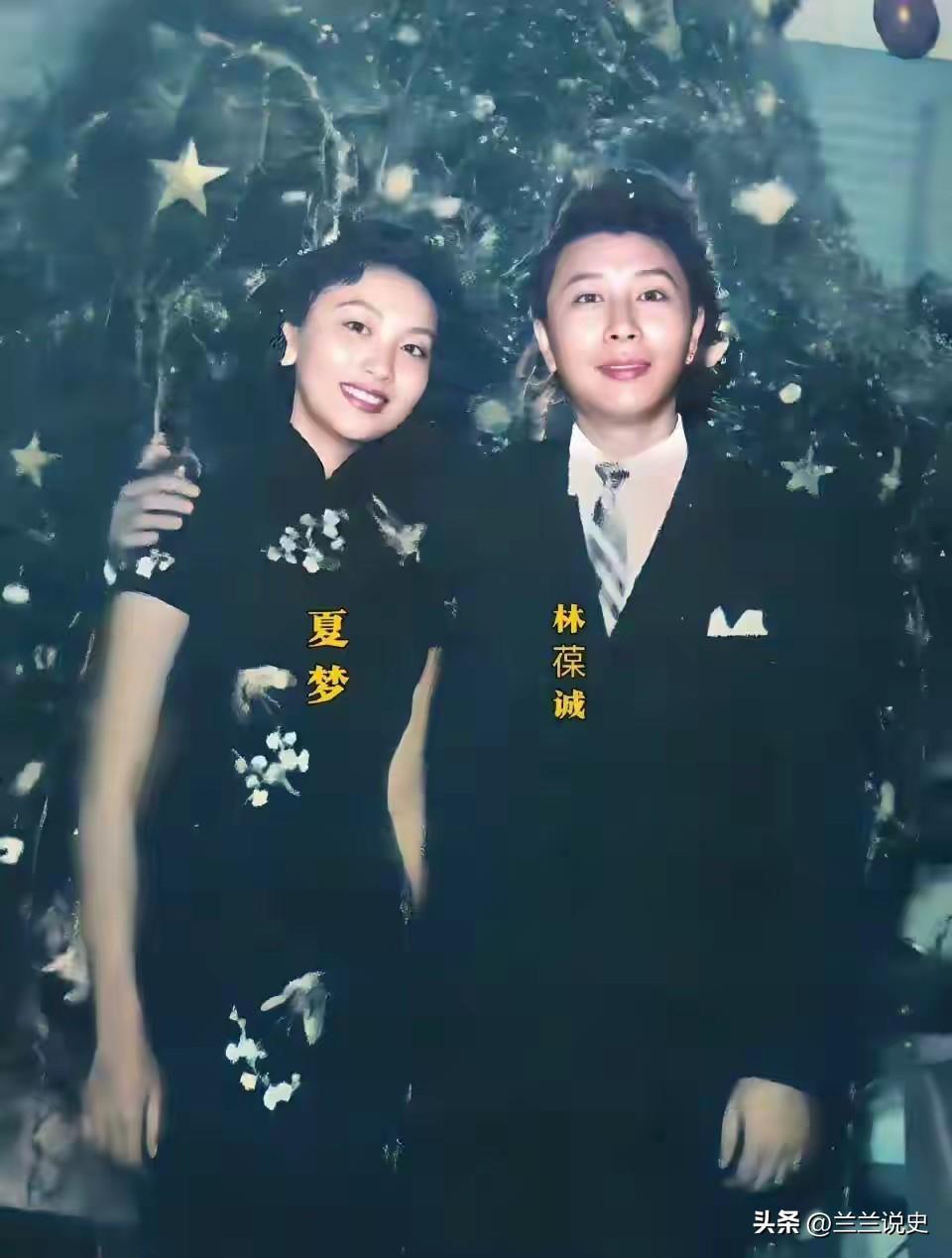 1954年，年轻的夏梦和林葆诚的结婚照。照片里，夏梦穿简洁婚纱，林葆诚西装笔挺，