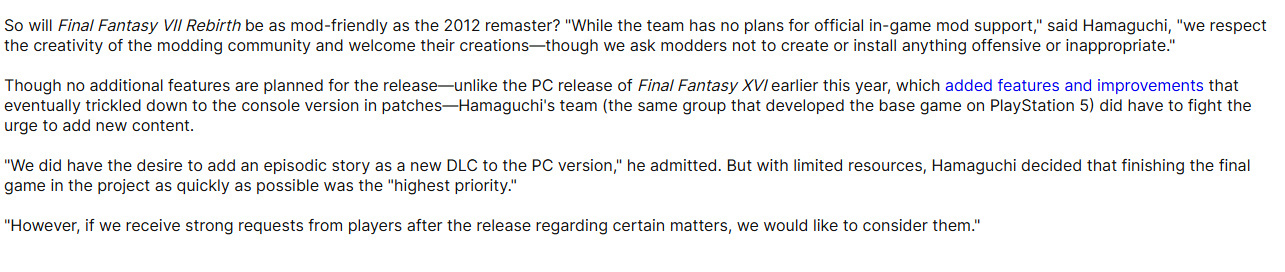 【 FF7R制作人反对不适当模组 】《最终幻想7：重生》制作人 滨口直树 近日在