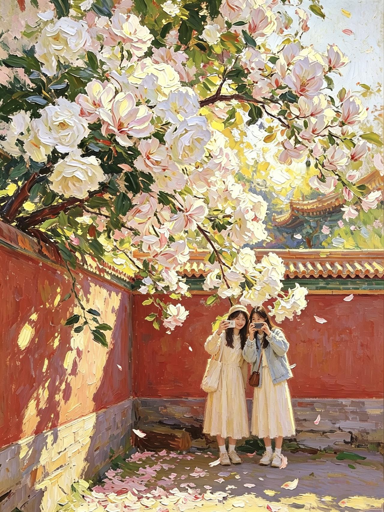 红墙黄瓦，​满枝繁花。红墙为幕，繁花作景，好友相伴，出游打卡。

盛放的花枝，从