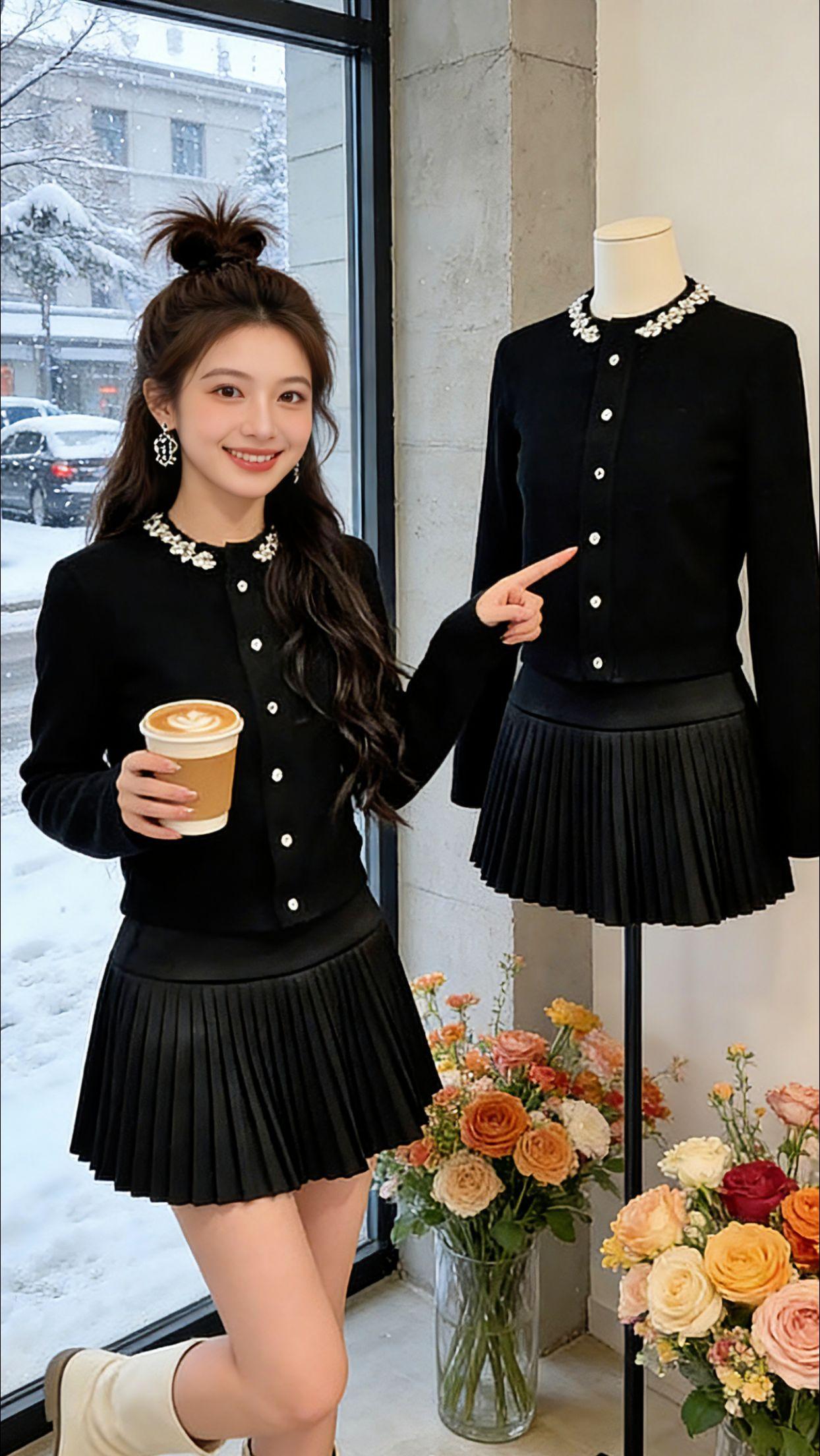 周末和Danny逛店，她这套钻领针织开衫+百褶裙套装直接戳中审美点！正肩版型修身