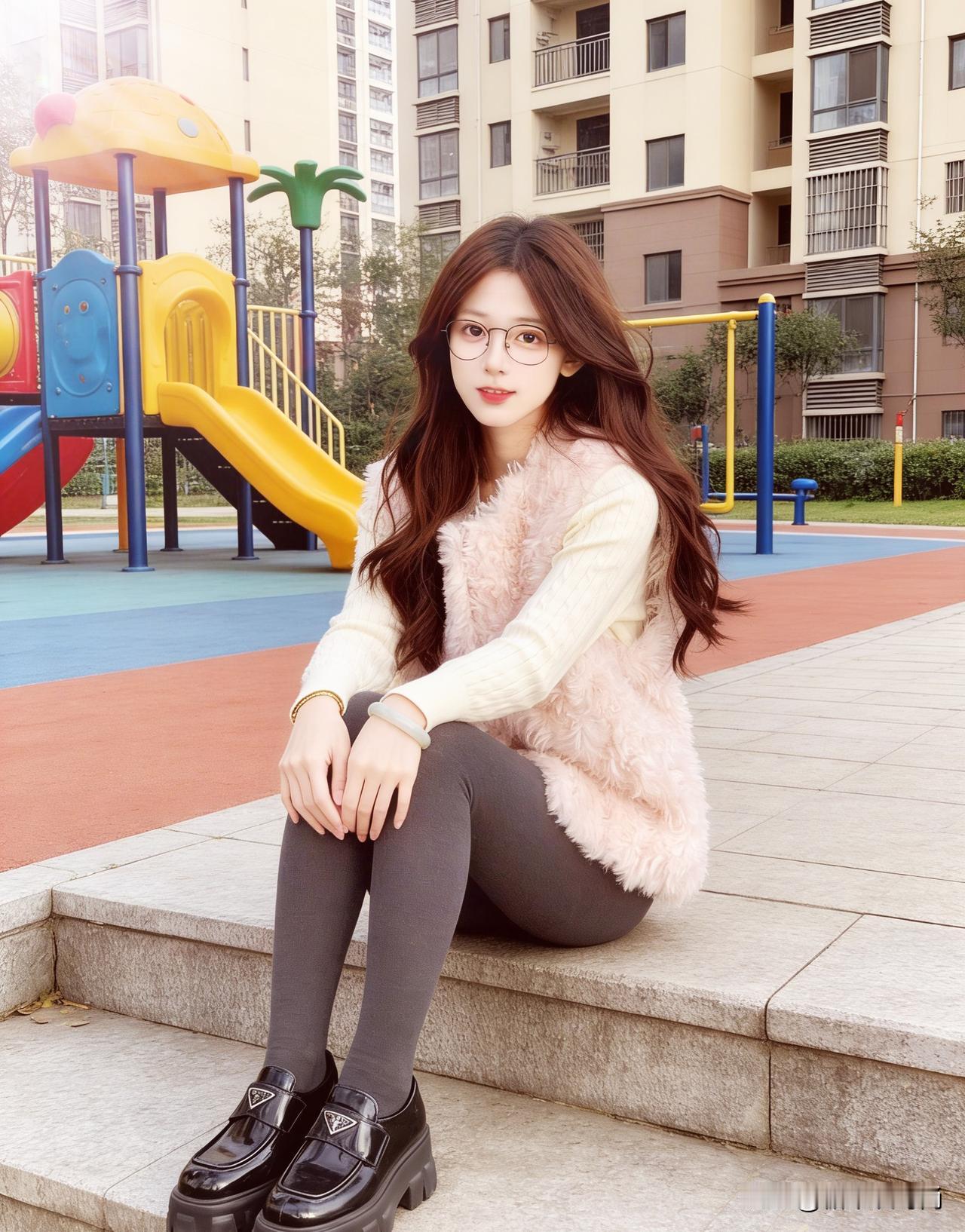 粉色羊羔绒搭配黑色打底裤，真的太好看了，楼下转了一圈已经被夸了好几次了[偷笑]