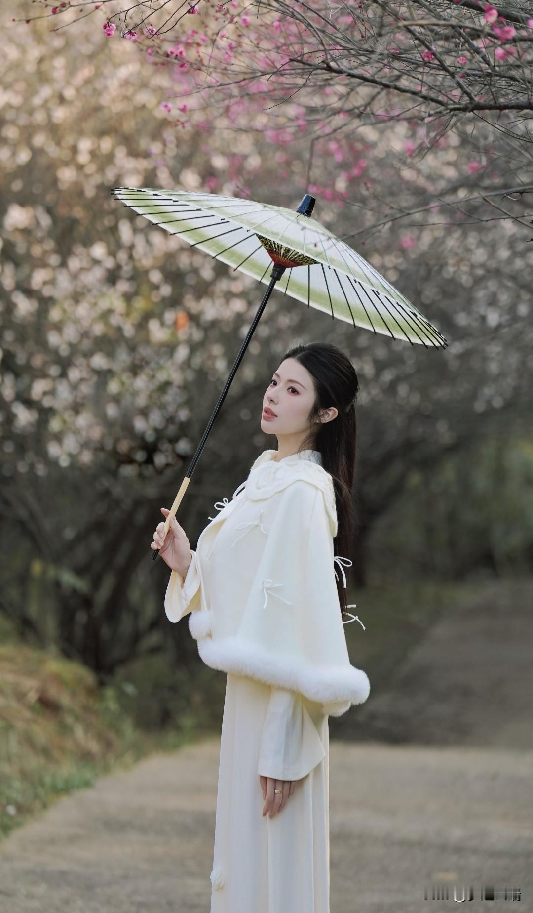 樱花树下，白衣美人撑伞，唯美如画。