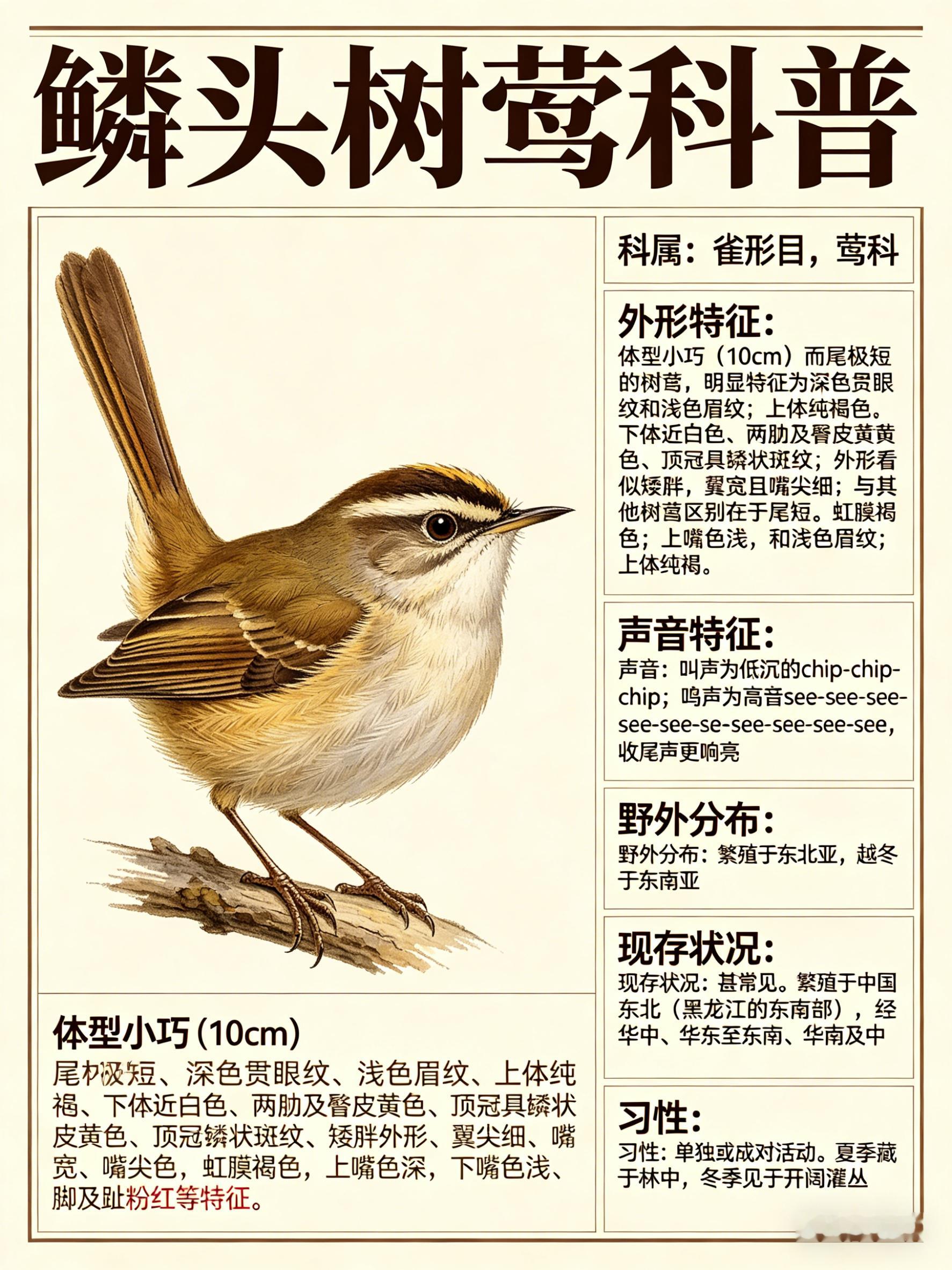 鸟类朋友图鉴 鳞头树莺·科属：雀形目，莺科。·外形特征：体型小巧（10cm）而尾