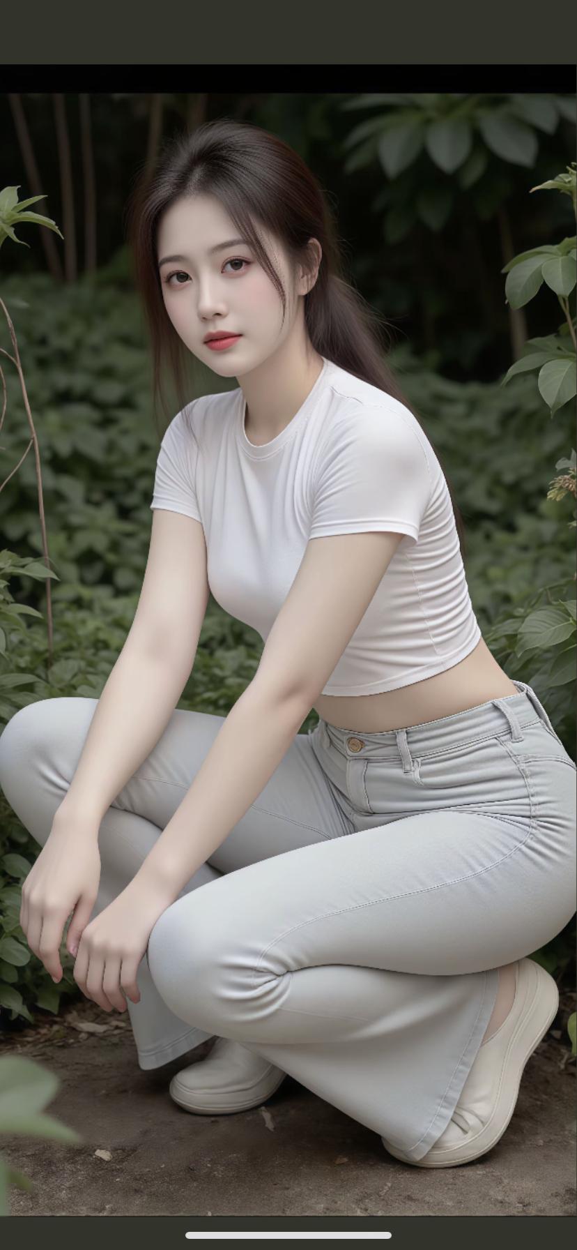 绿意盎然间，美人倚花立。