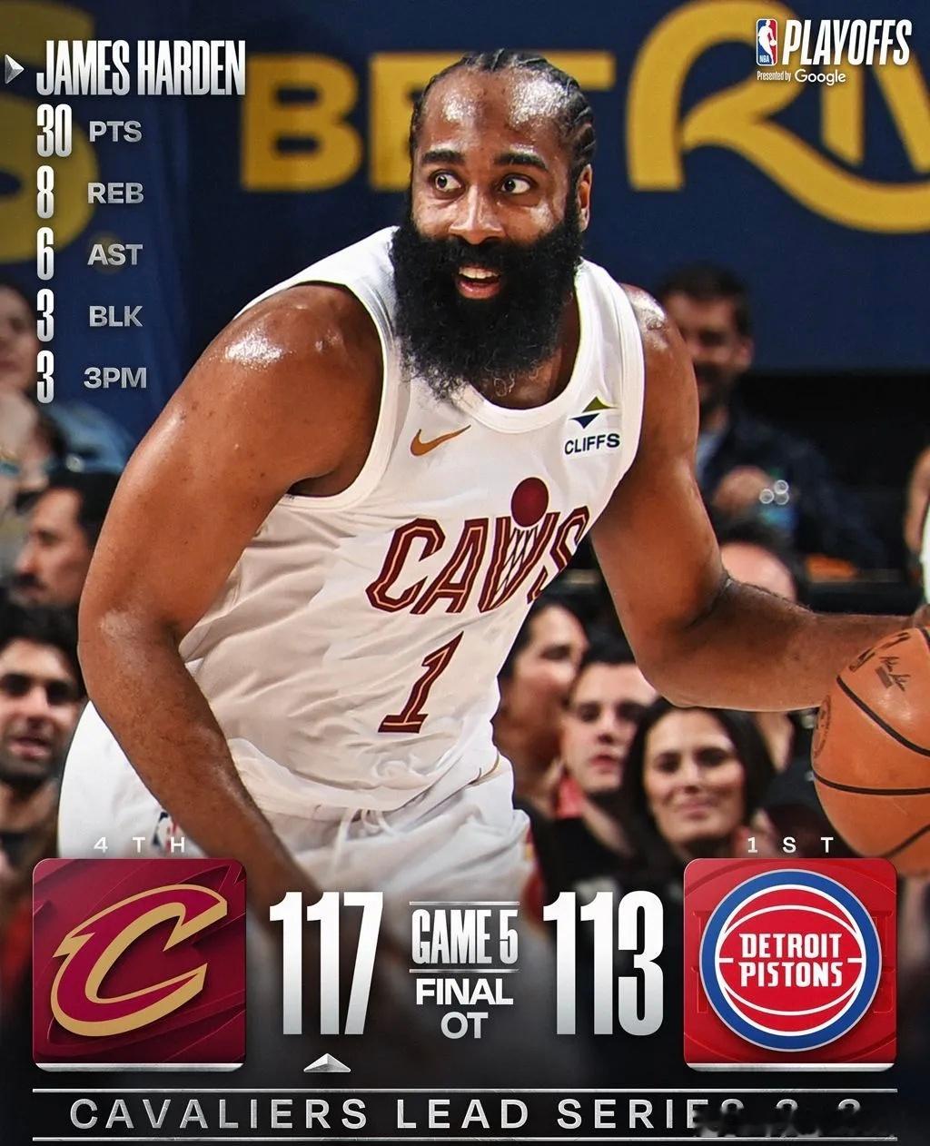骑士在NBA季后赛🏀东部半决赛第五场中经历加时赛击败活塞，大比分3比2领先。本