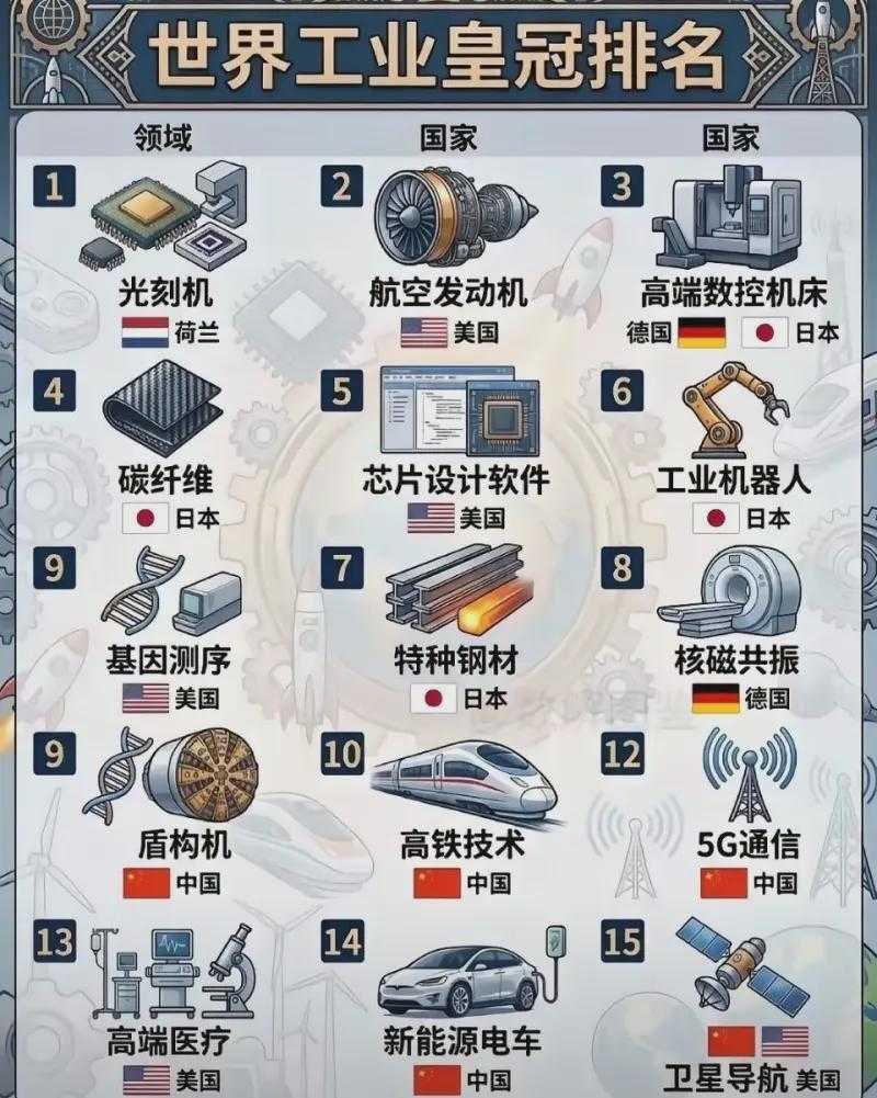 谁做的世界工业皇冠排名？非常重要的工业产品，技术和市场份额都占据绝对优势的国家，