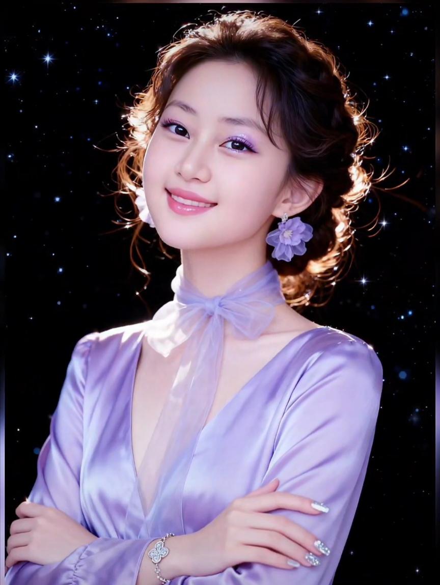 星光璀璨下的梦幻少女，温柔微笑，紫色礼服，宛如童话中的公主。