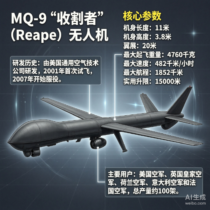 军事ai新视野 美国MQ-9“收割者”无人机机身长度：11米机身高度：3.8米翼