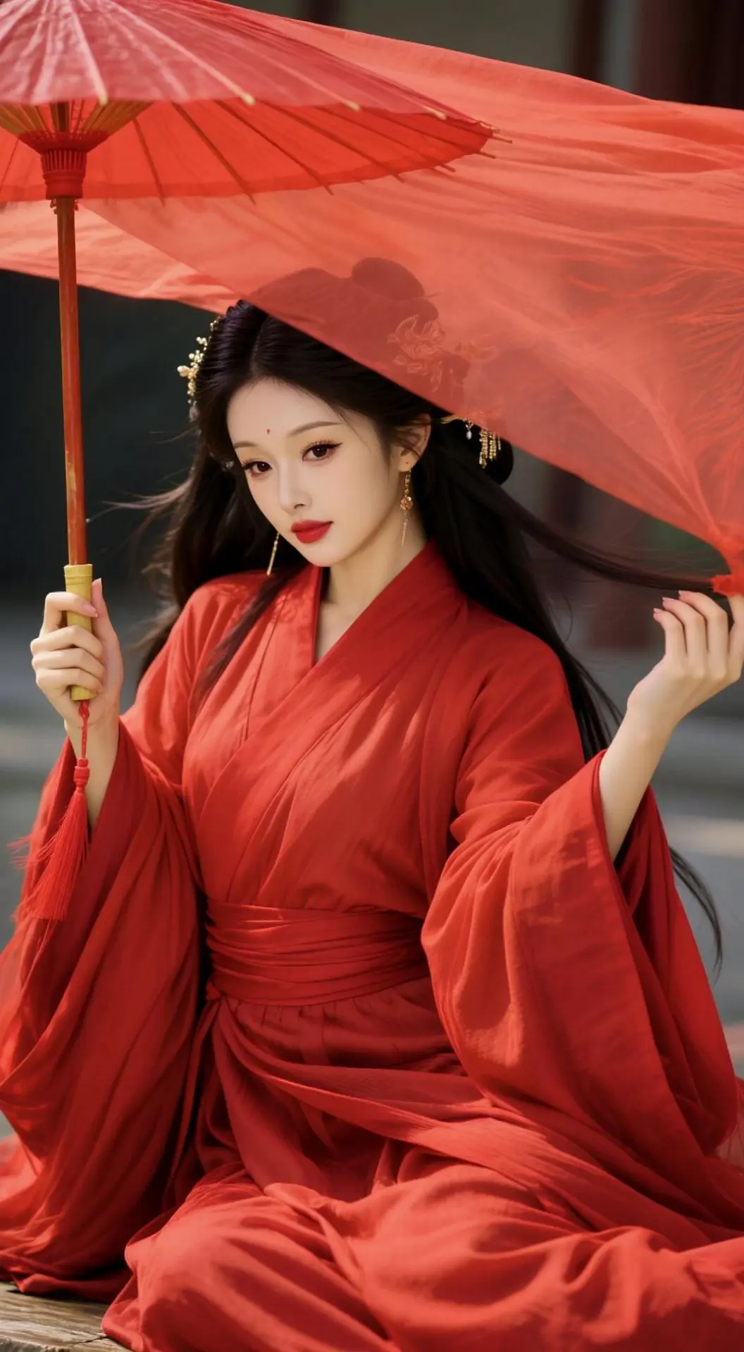 AI古风红衣写真感 ai创作全新升级 古风汉服撑伞 红衣伞下