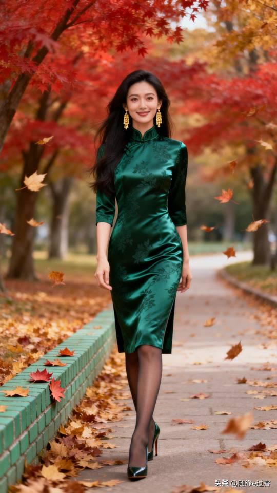 秋日漫步，绿袍飘飘，落叶相伴，优雅动人。旗袍 旗袍美女 绿旗袍美照 旗袍漫步秋景