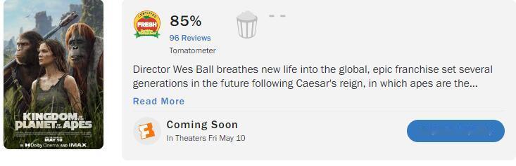 将于本周末中美同步上映的《#猩球崛起：新世界#》媒体口碑解禁，烂番茄85%（96