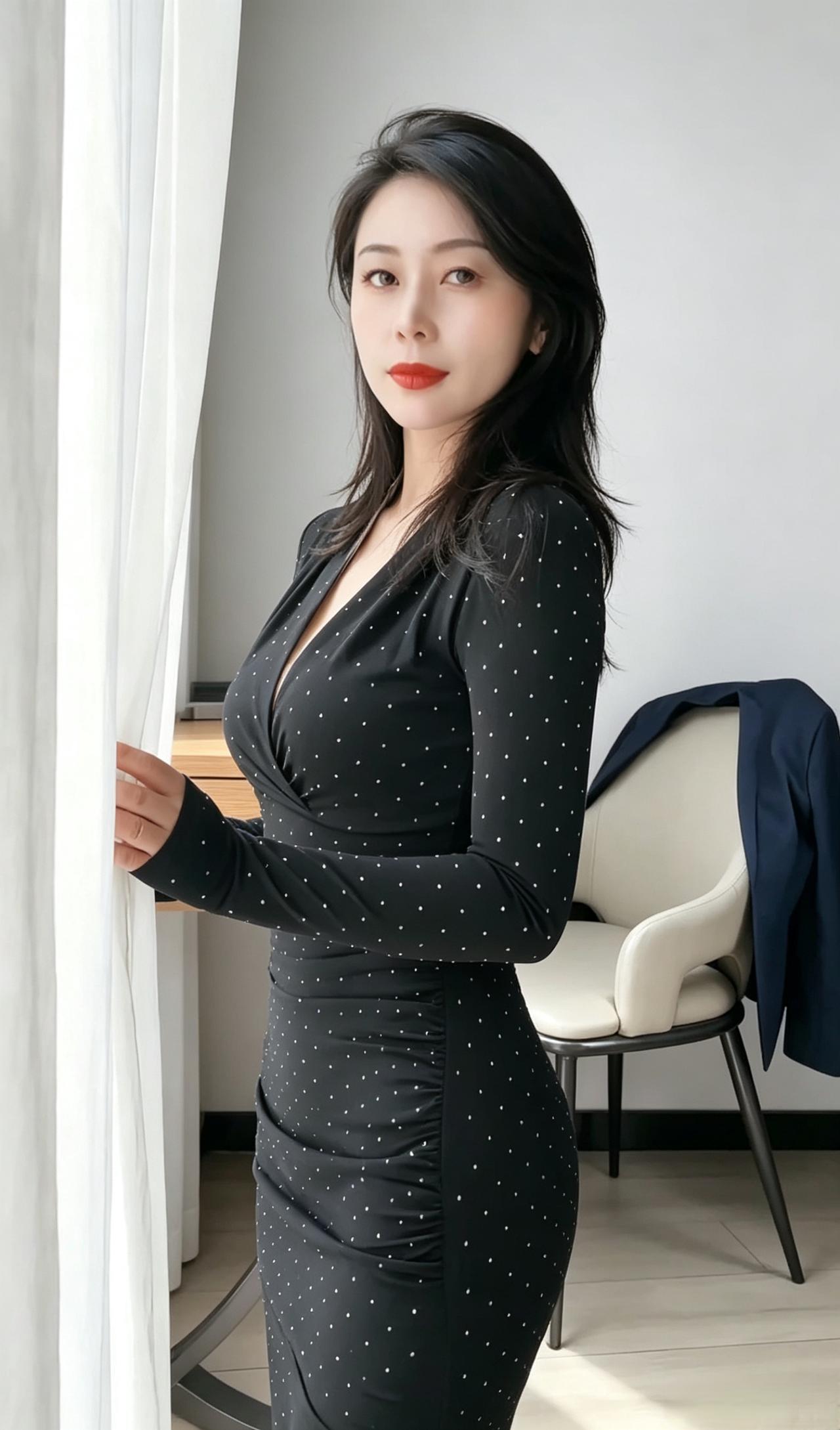 素幔低垂映玉容，黑裙点点落星空。
柳眉淡扫含清韵，樱口轻含一抹红。
身窈窕，气从