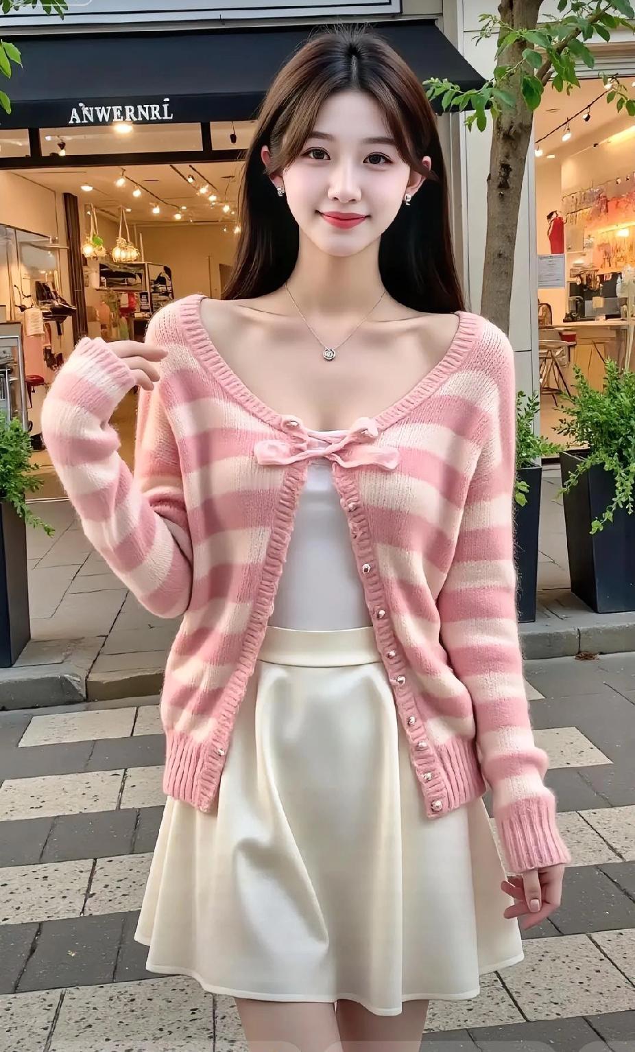 温柔粉白条纹毛衣，甜美少女心满满！