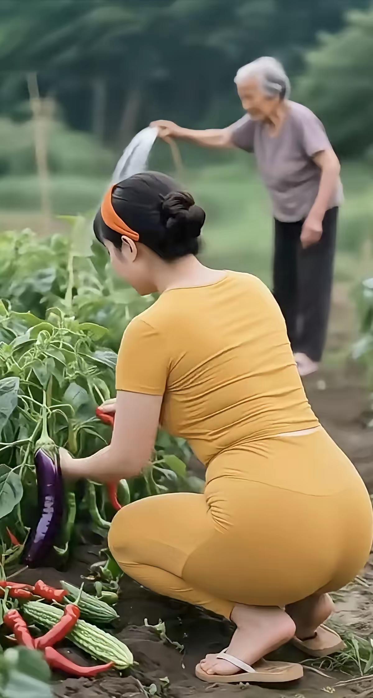 天净沙·母女种菜
浇菜摘菜庭前，
母女笑语连连。
菜满畦青满园，
邻人常唤，
摘