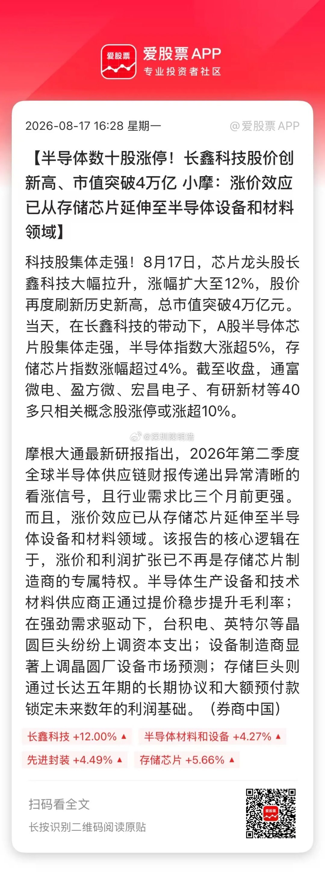今天长鑫科技暴涨12%，股价最高冲到61.8元，创上市以来新高。收盘市值4.18
