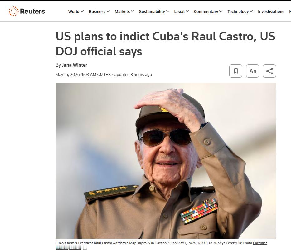 美国司法部官员表示，美国计划起诉古巴的劳尔·卡斯特罗。CBS此前报道，此案与古巴