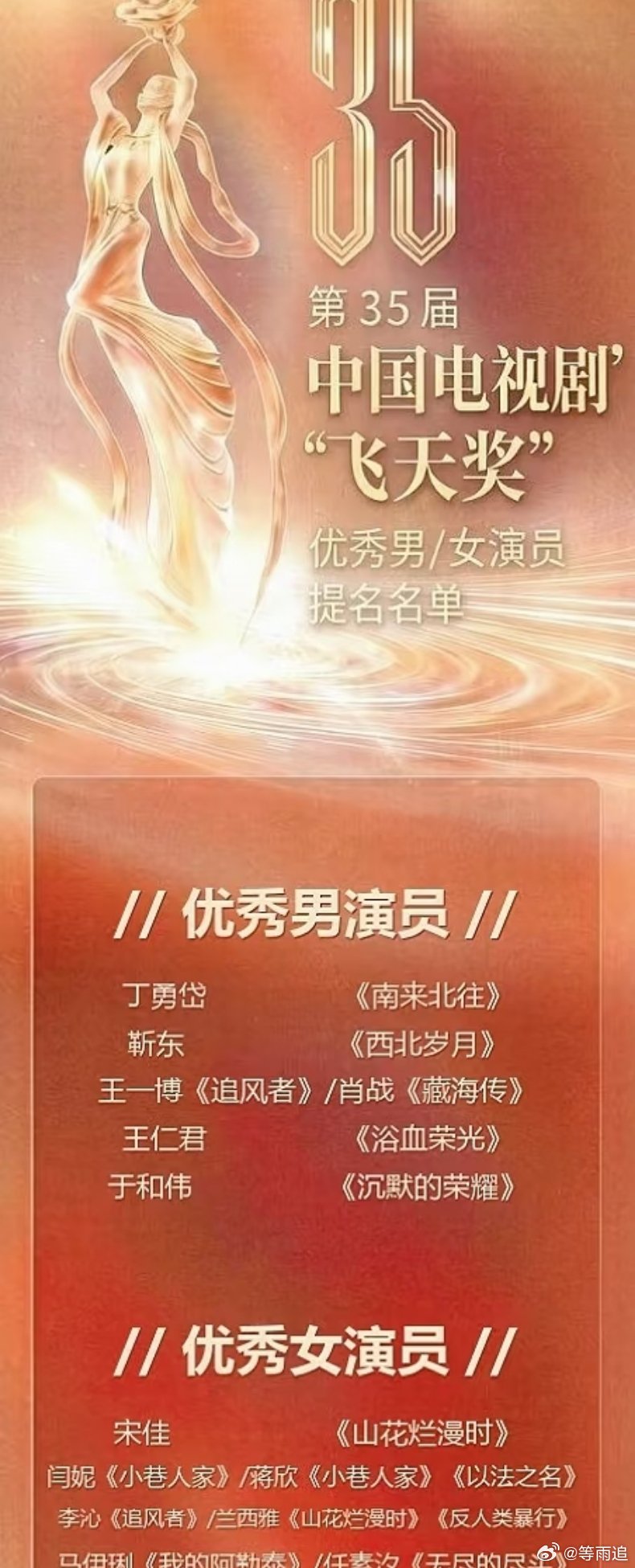 飞天嘉宾名单揭晓，以下几位不在出席之列：胡歌，《生命树》不在评奖期，杨紫《国色芳
