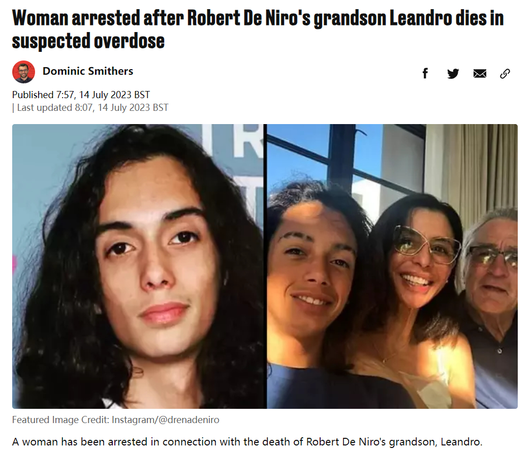 可以基本确定，演技之神罗伯特·德尼罗的外孙死于芬太尼。19岁。证据1  他妈妈在