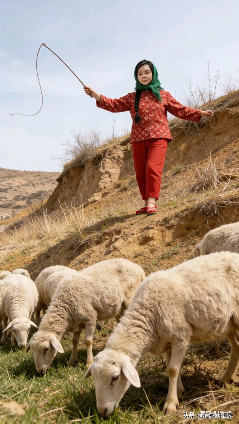 牧羊姑娘在山坡上赶羊。牧羊少女照 乡村牧羊少女
