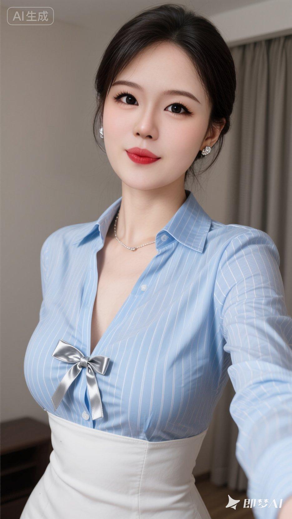 平面视角，看着镜头，网红美女自拍照，脸型精致妆容精致鼻梁高挺，皮肤白皙，底妆通透