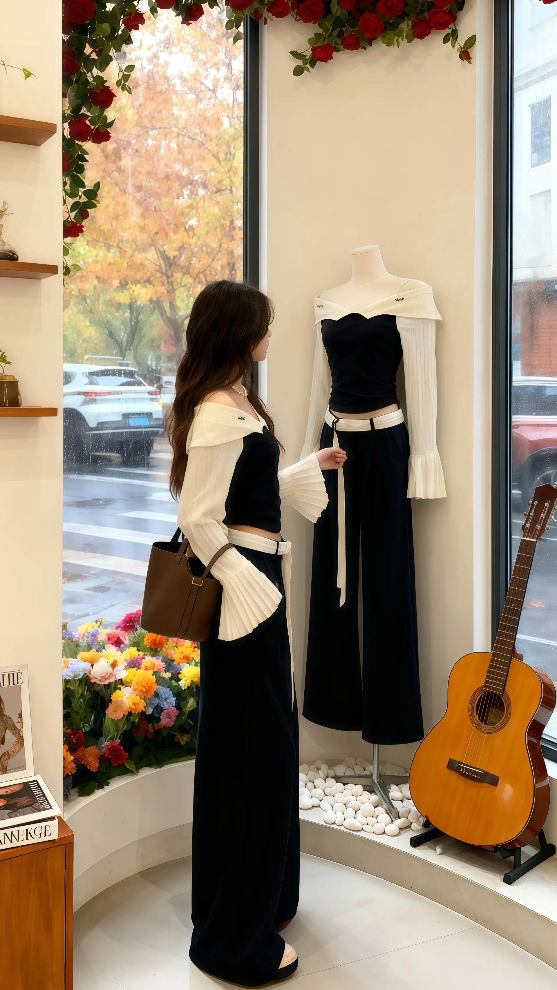 她穿着韩系气质两件套，利落衬衫勾勒出温婉肩线，高腰阔腿裤垂坠出慵懒随性...