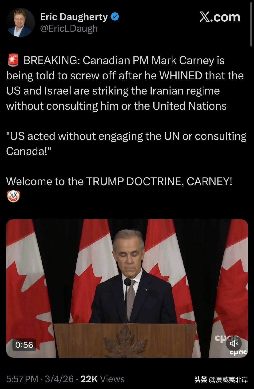 🚨突发消息：加拿大总理Mark Carney抱怨美国和以色列在未与他或联合国协