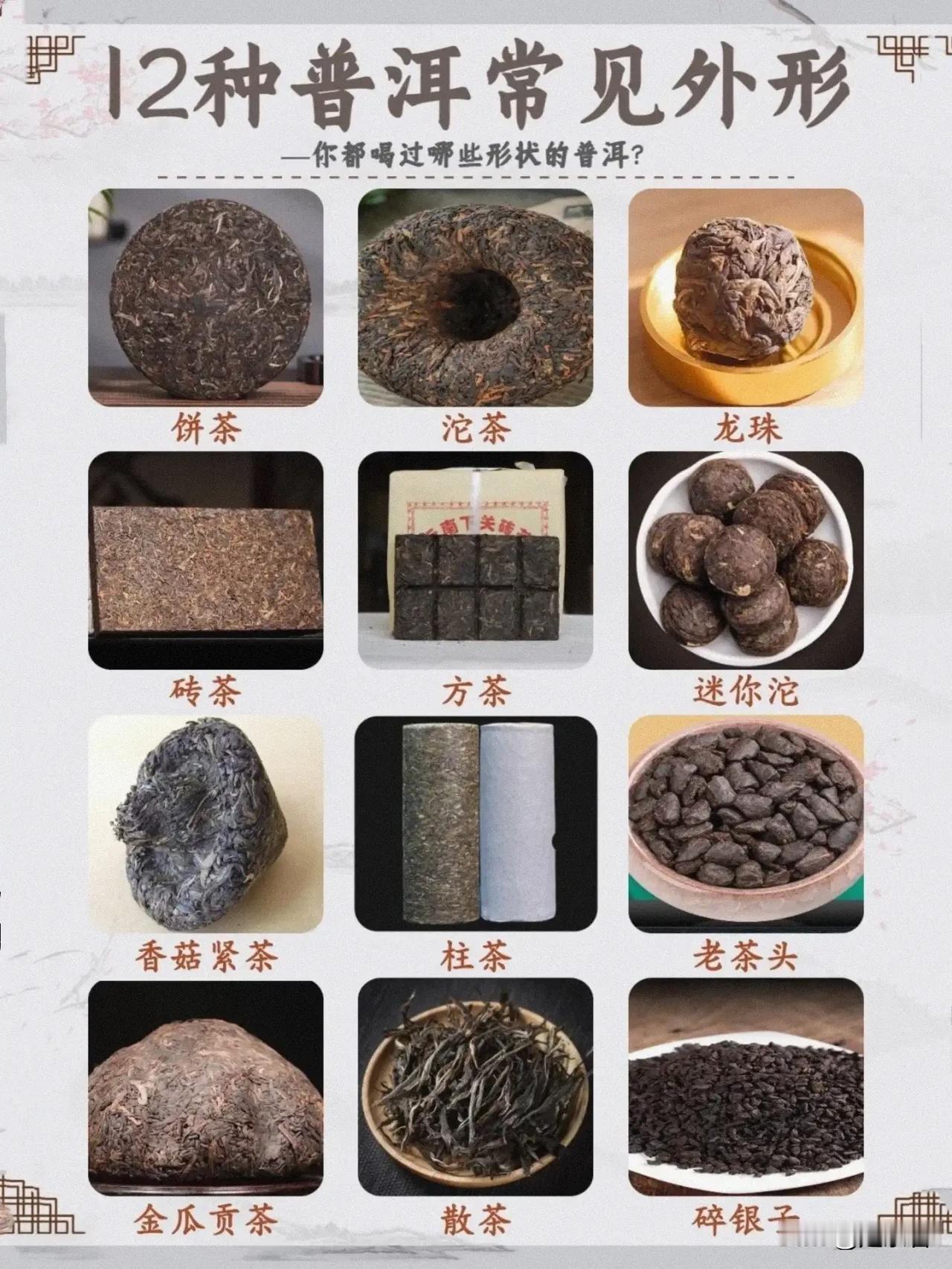 普洱茶有散茶和紧压茶两大类，散茶条索粗壮肥大，色泽乌润或褐红，滋味醇厚回甘，并有