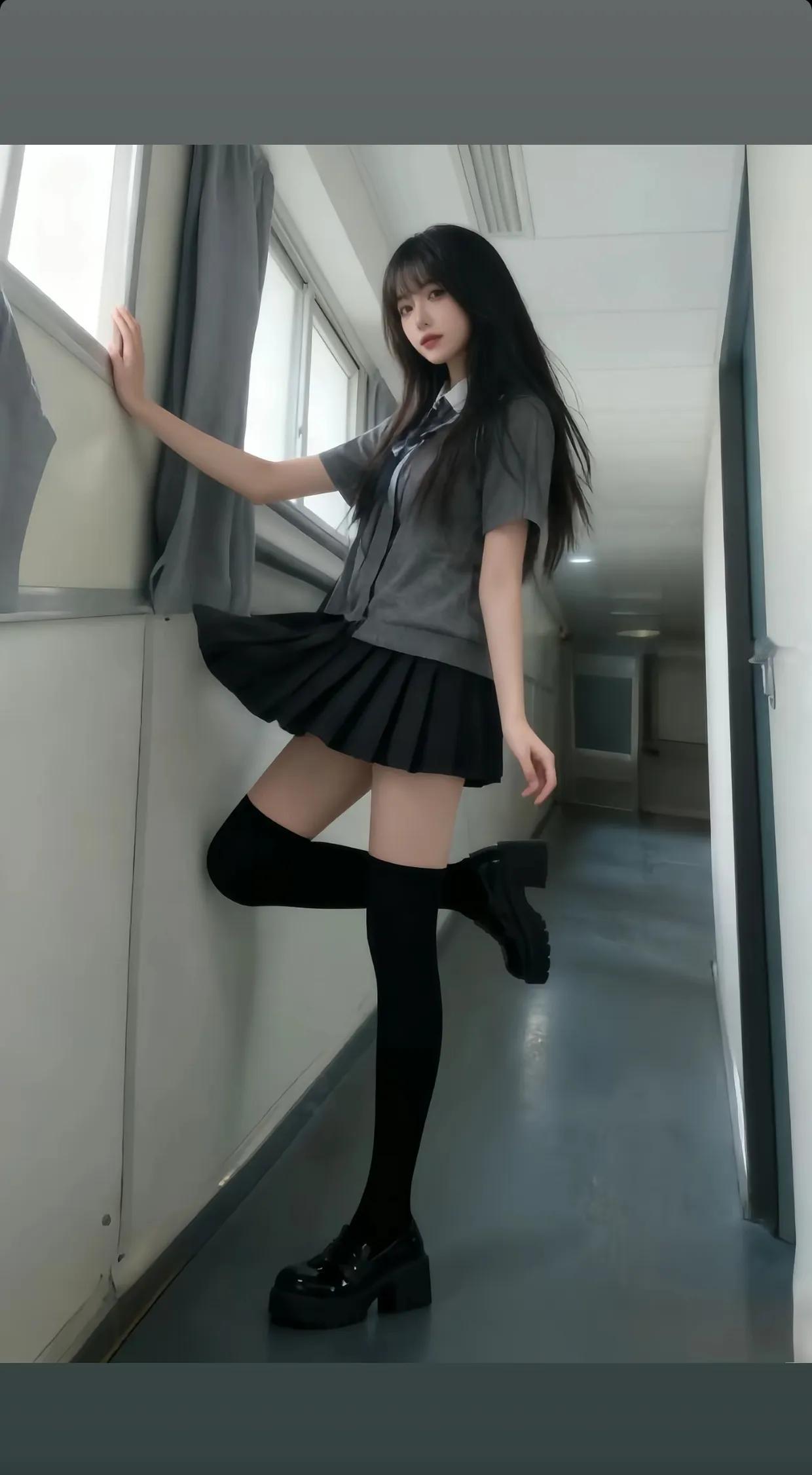 校园少女风，黑裙黑袜，青春活力！👠💃🏻白丝袜女孩 黑裙少女风 jk裙袜子 