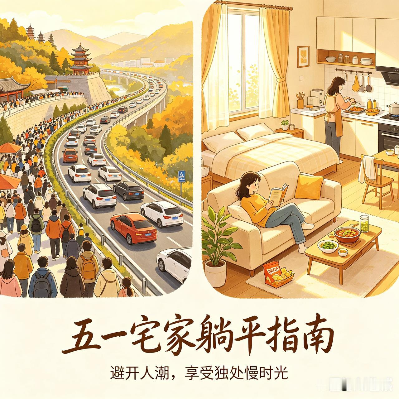 我认为宅家躺平

五一假期到处都是人从众，景区挤不动、高速堵半天，与其出门看人潮