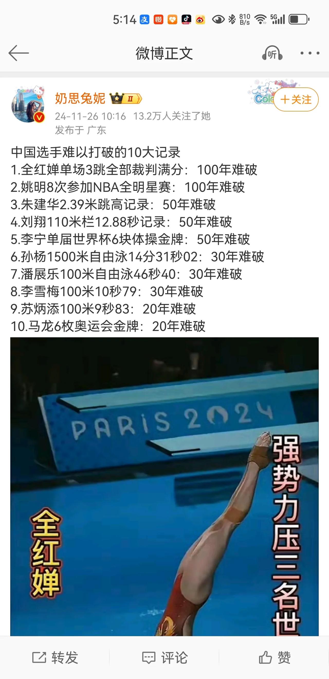 这位博主发了10项中国选手难以打破的记录，而且还加上了年限。仔细看看，也不是没有