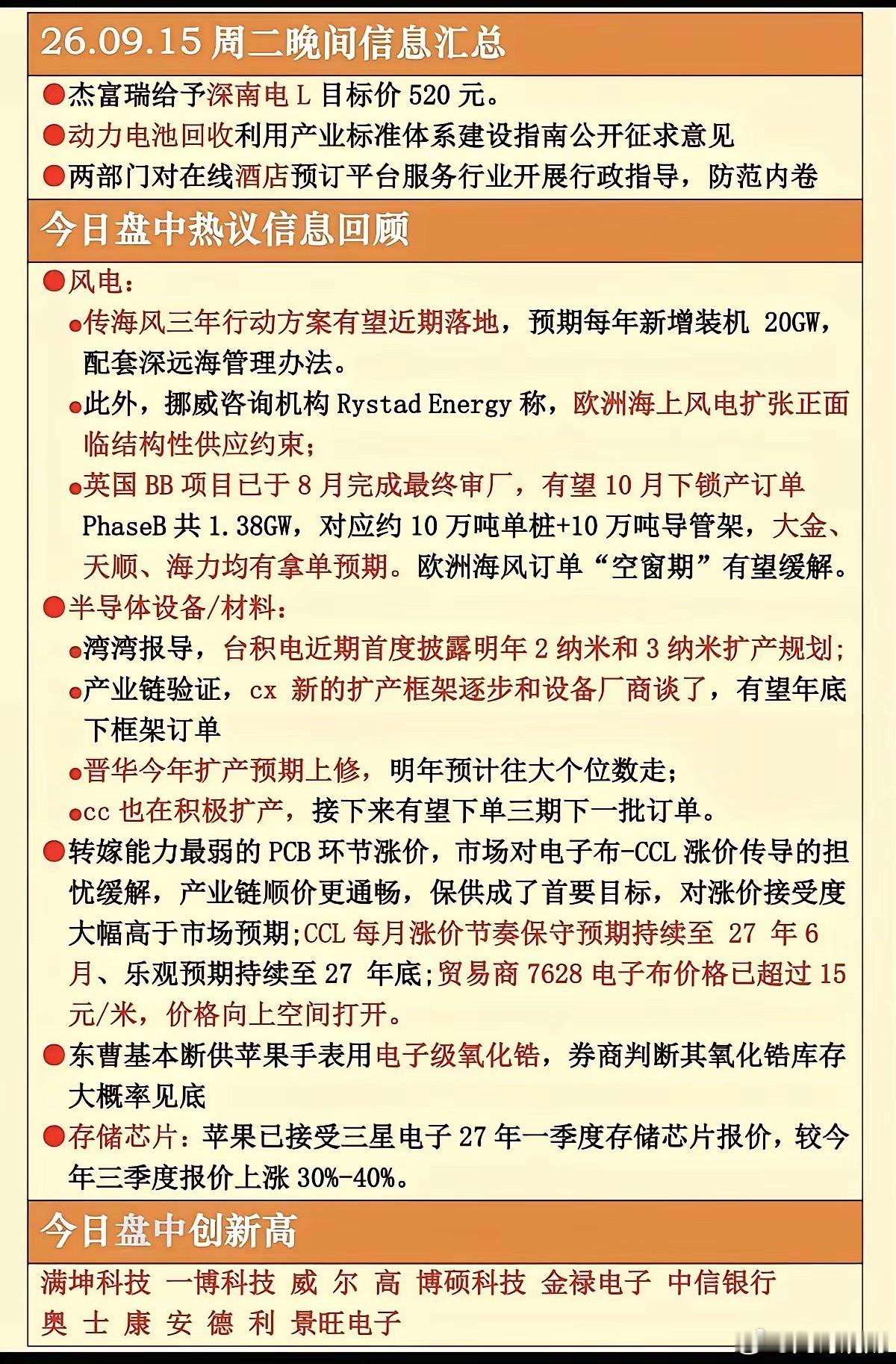 周二晚间几条消息简单梳理下。海风有政策预期，欧洲订单有望回暖。半导体设备传出扩产