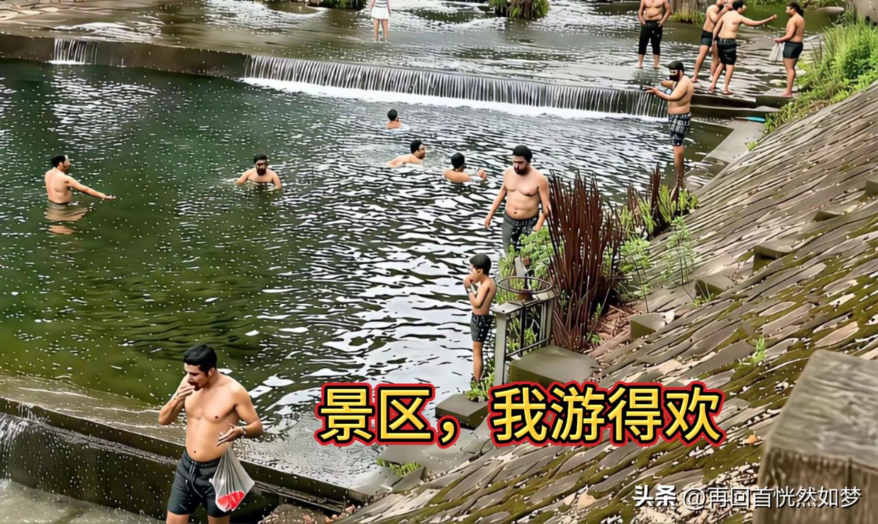在我国的一个景区中，一群印度人在河里游得可欢了…
近日，浙江绍兴日铸山庄小溪迎来