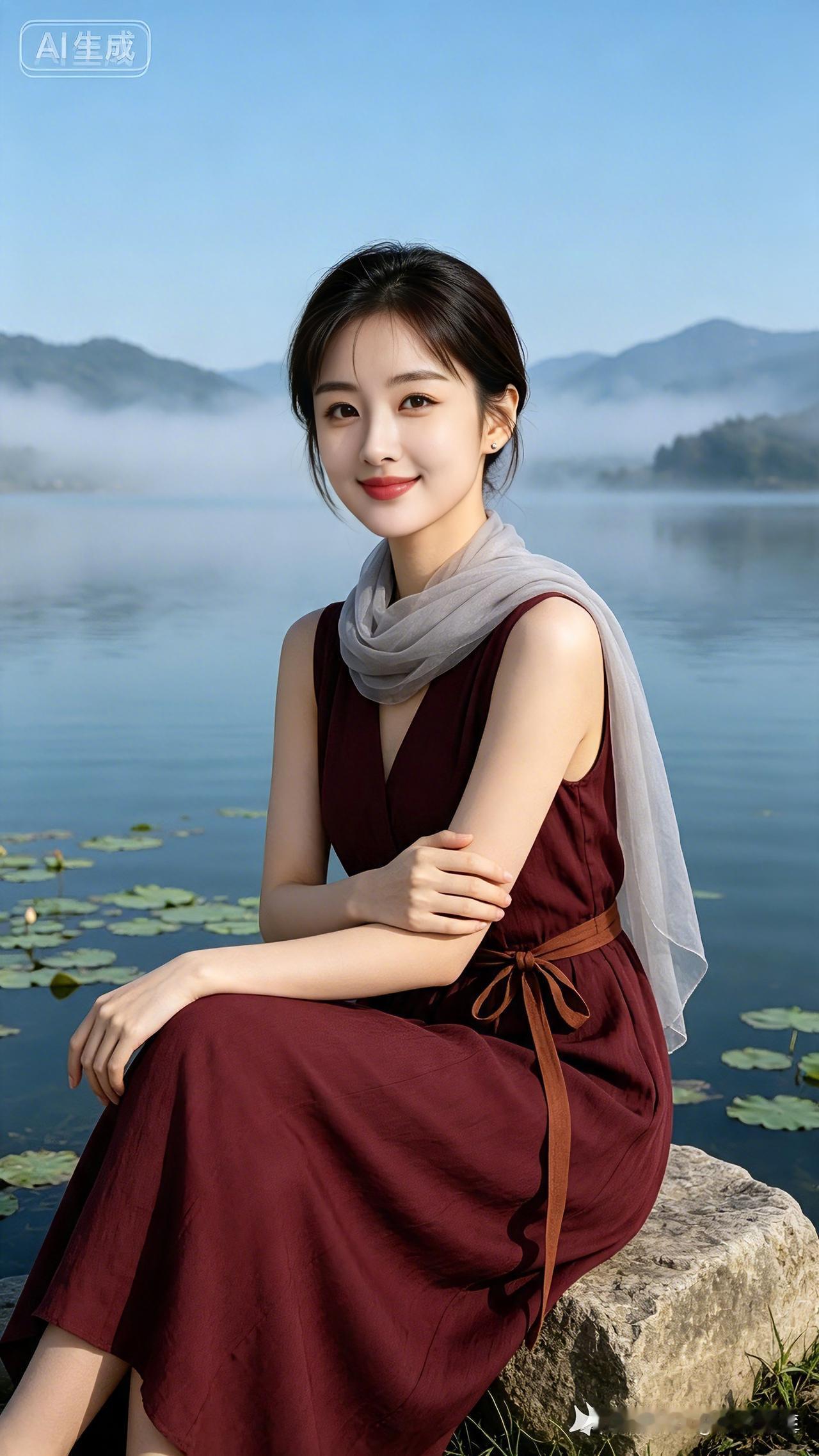 湖畔闲坐
一湖碧水雾濛濛，
荷叶漂浮水正中。
红袂素洁丝巾舞，
静坐青石笑意浓。