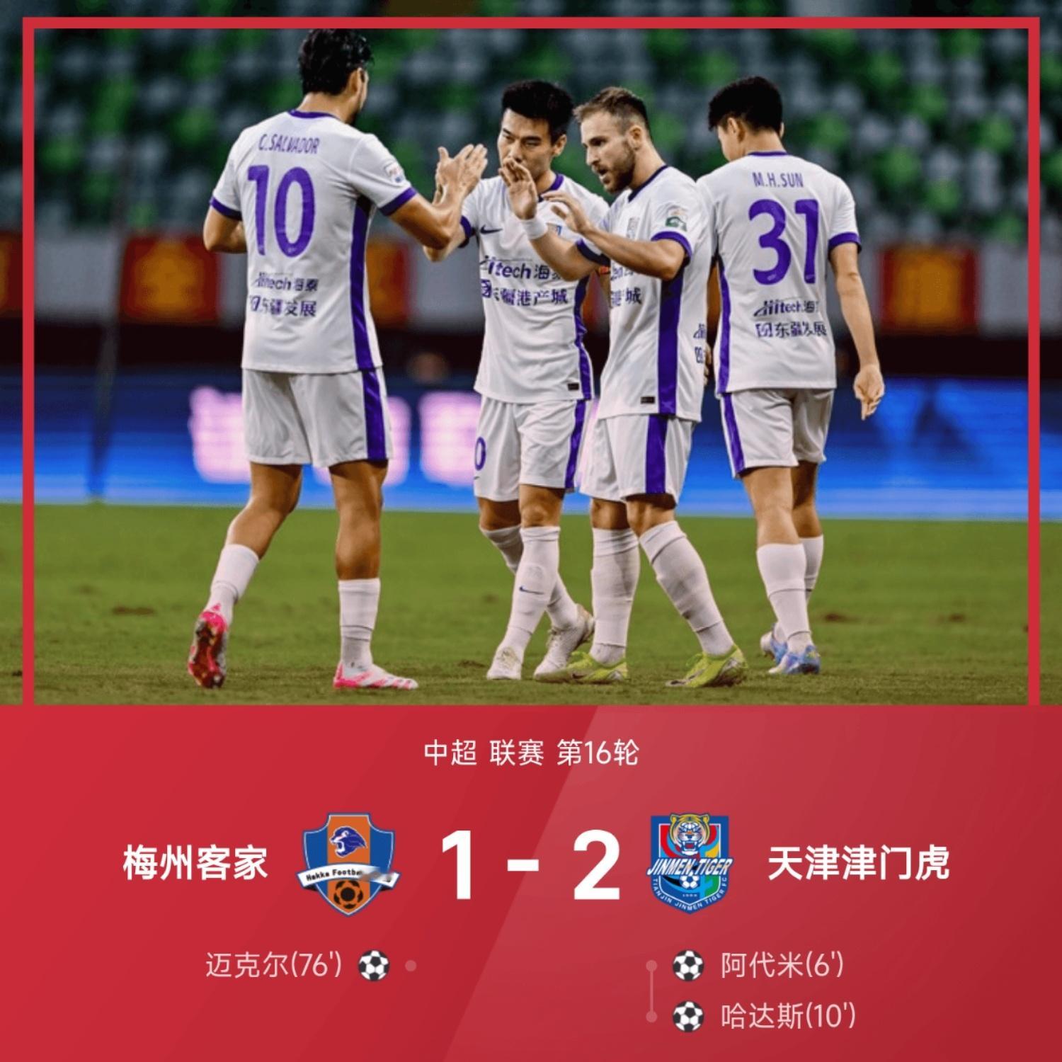 25赛季中超联赛第16轮，梅州客家1-2天津津门虎。全部比赛，阿代米传射建功，哈