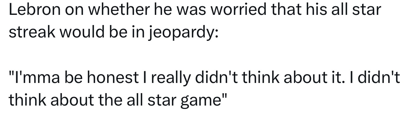 詹姆斯被问到如果进不了全明星，是否担心自己连续入选的纪录会受到影响：“说实话，我