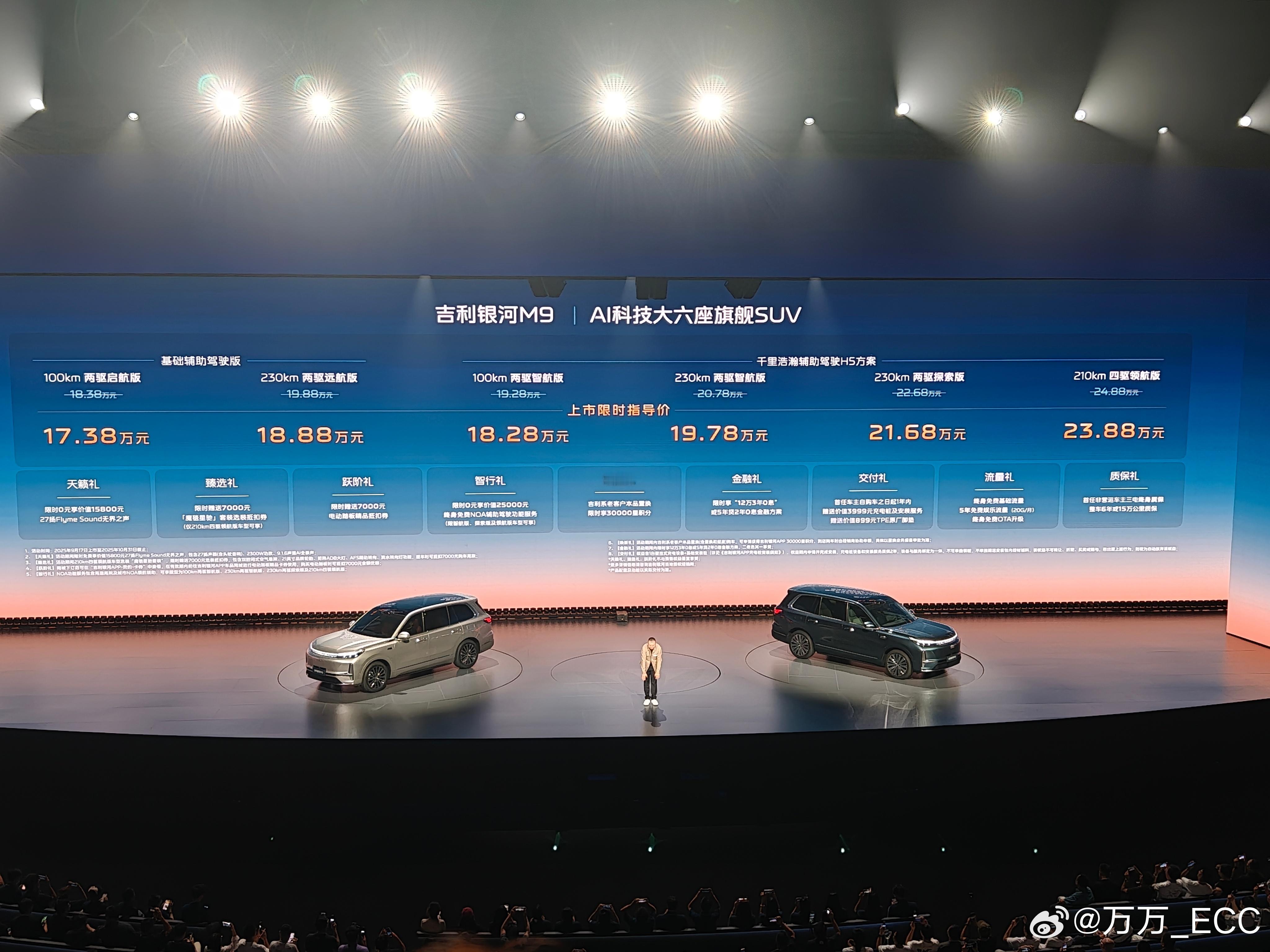 银河M9，起售价给干到17.38万。最出乎预料的是顶配四驱，也只要23.88万。