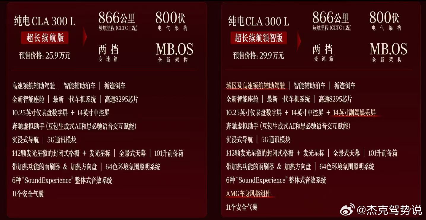 奔驰纯电CLA预售价格25.9万元起，高配29.9万元。之前8月1日订的可以享受