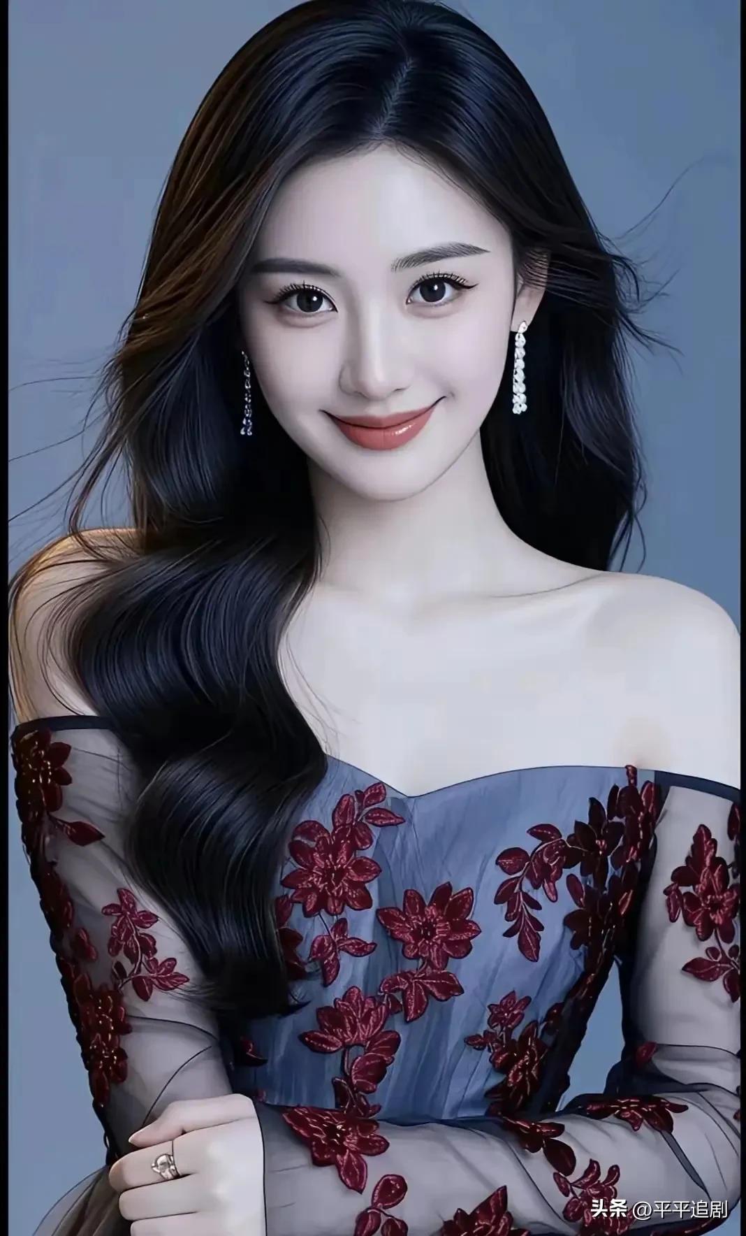 什么样的女人,最有魅力?
雾蓝纱裙缀着猩红繁花，大波浪卷发随微风轻扬，一字肩衬得