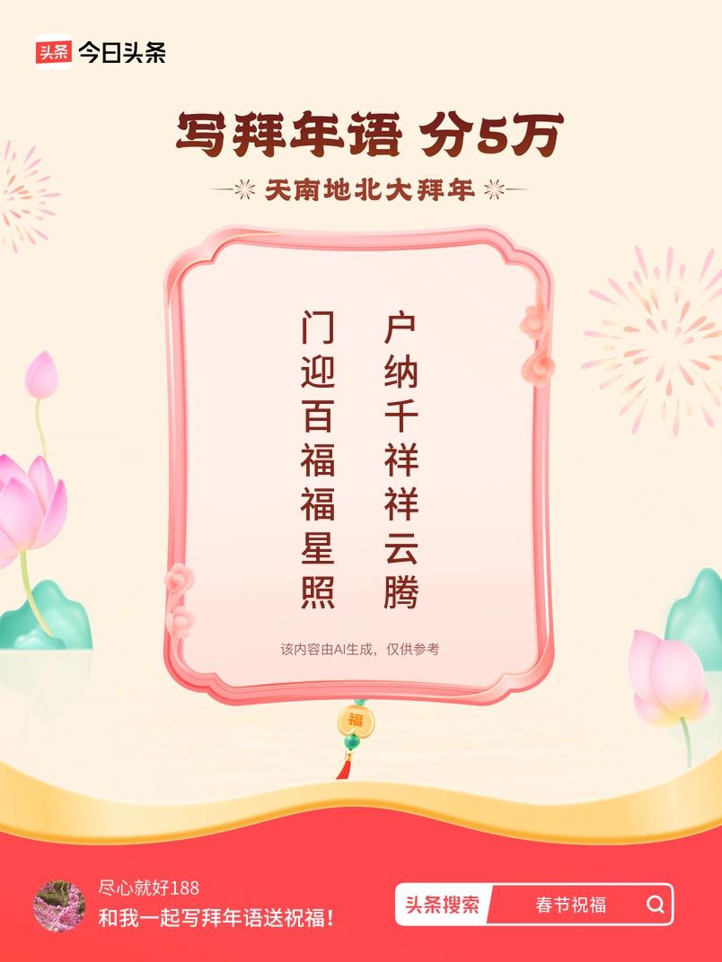 写拜年语送祝福新春拜年送祝福！我的祝福是：“门迎百福福星照，户纳千祥祥云腾”！快