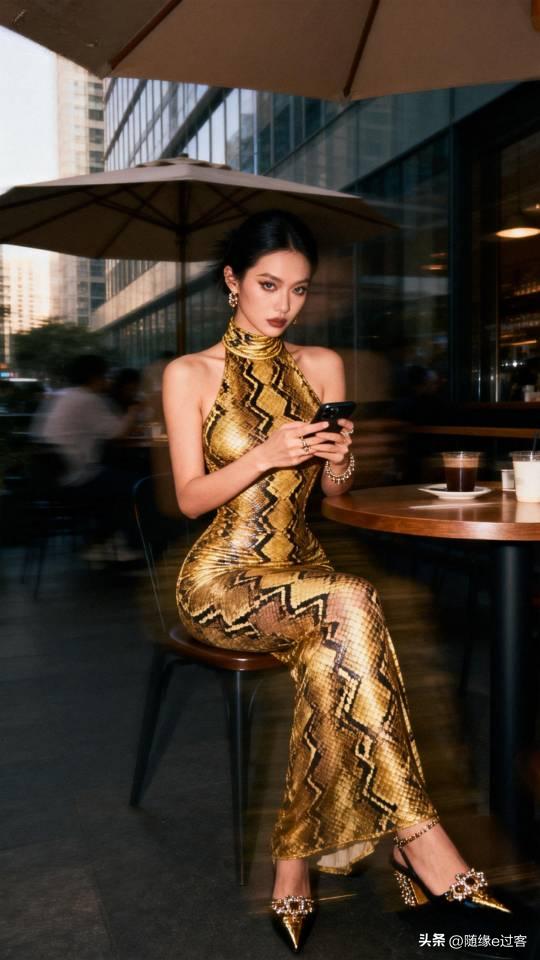 都市时尚女郎，金蛇装惊艳亮相，手机不离手，都市生活快节奏。连衣裙 美女壁纸
