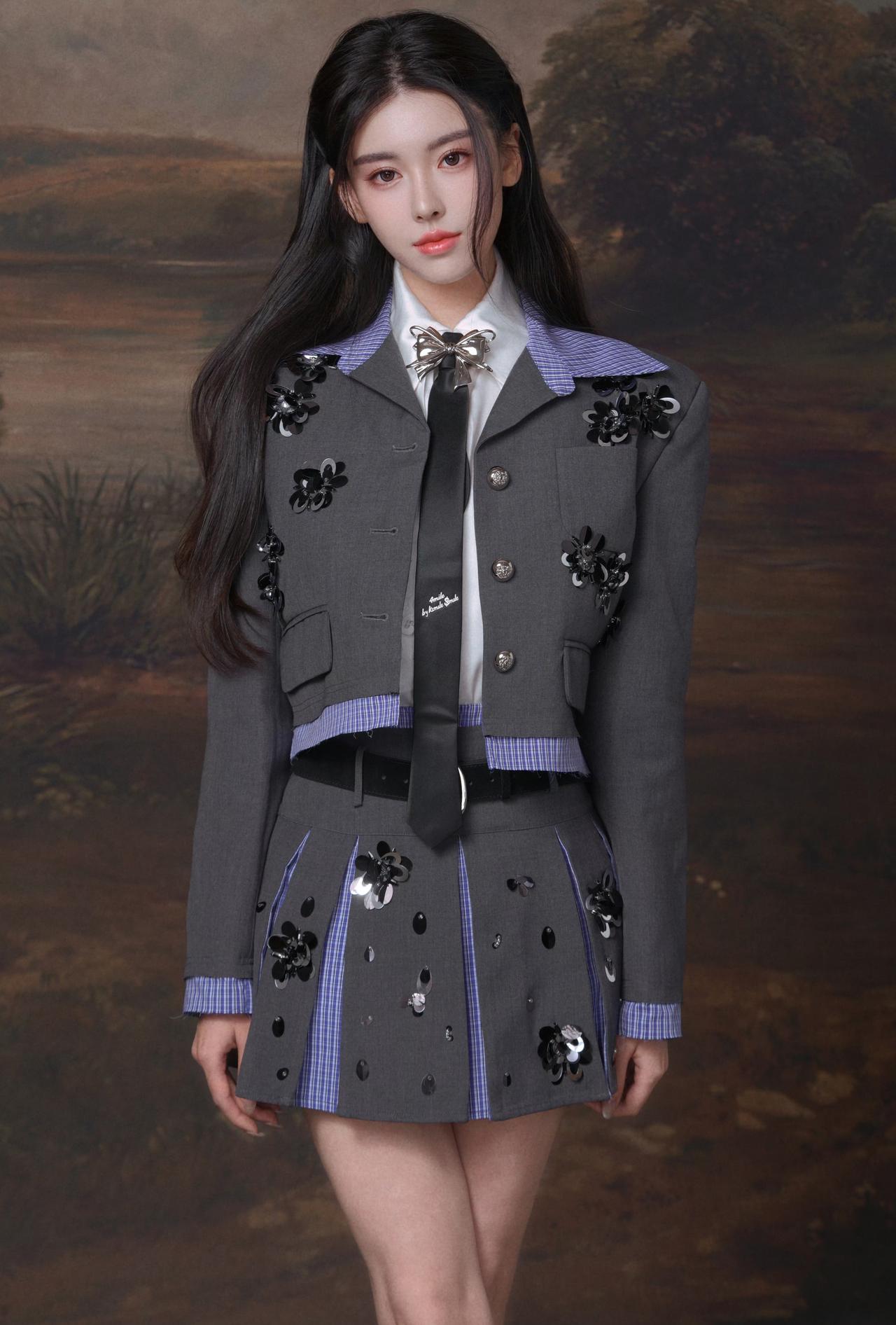学院风甜酷套装上线✨
灰调西装搭配格纹小心机，亮片花饰打破沉闷，
黑领带与金属蝴