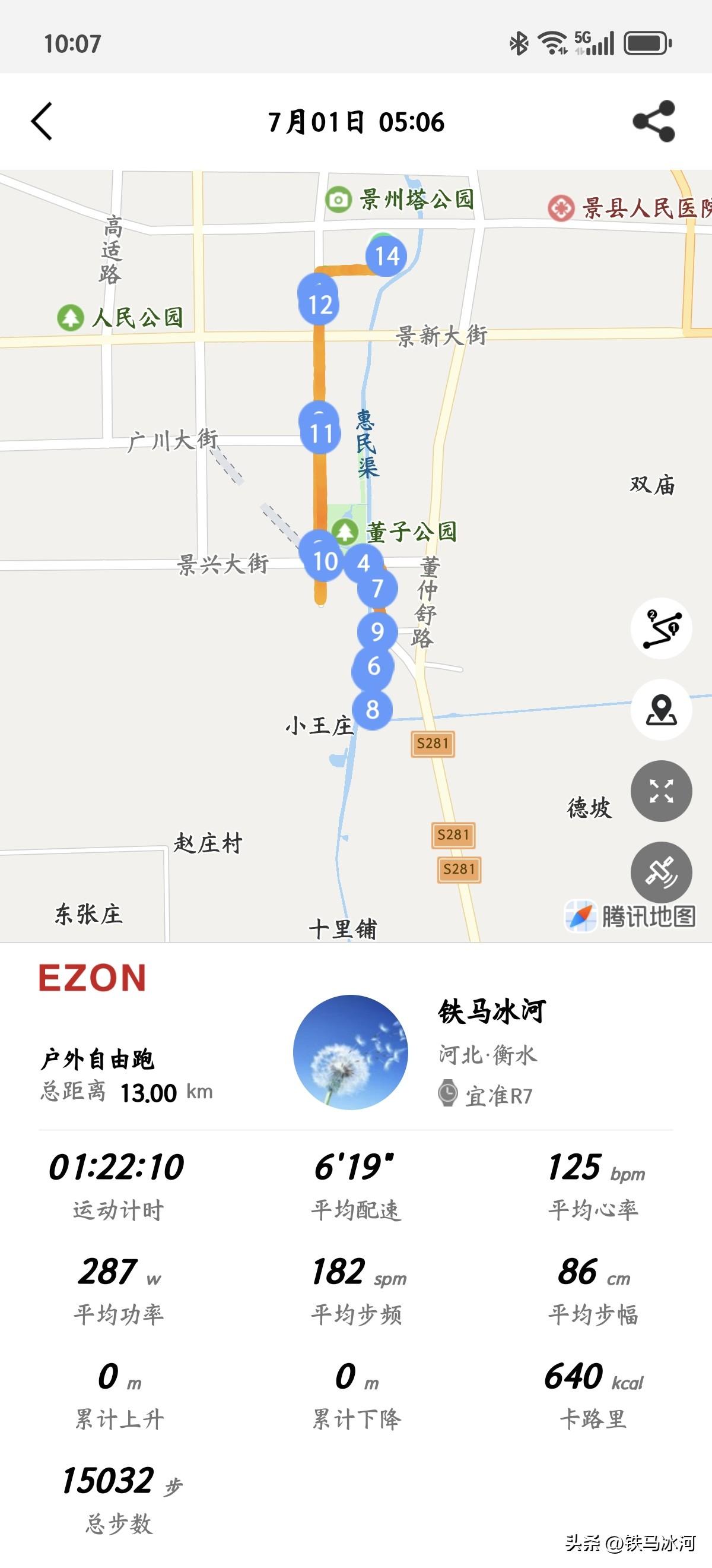 七一晨跑13公里。昨天下午象征性下了一阵雨，又阴天了，预报中昨夜至清晨的雨又走丢