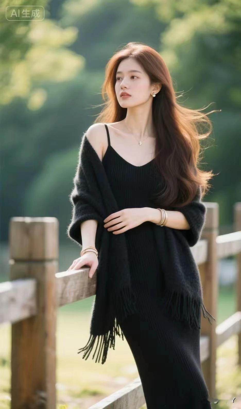 知性美女，黑色长裙
秀外慧中，倾世芳容
冰肌玉骨，明眸皓齿
出水芙蓉，亭亭玉立