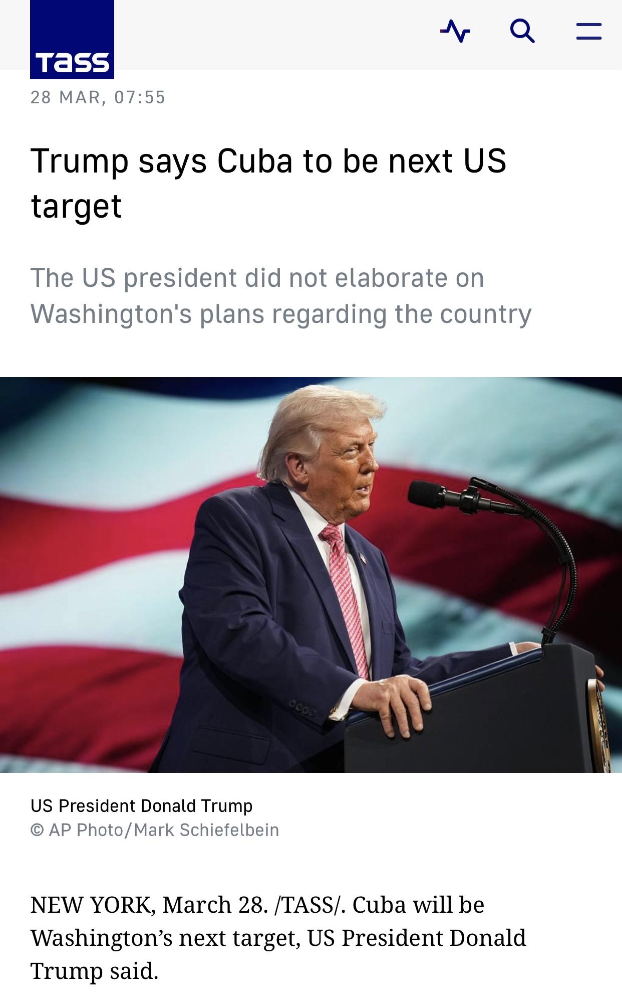 塔斯社：特朗普称古巴将是美国的下一个目标

塔斯社纽约3月28日电：美国总统特朗