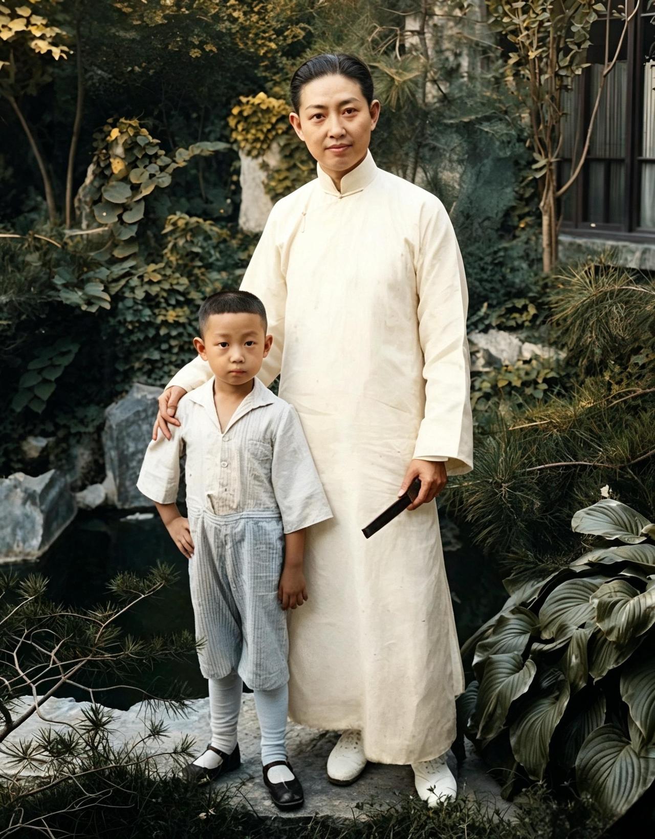 这是一九三一年三十八岁的京剧大师梅兰芳与幼子梅邵武在北京无量大人胡同梅宅花园里。