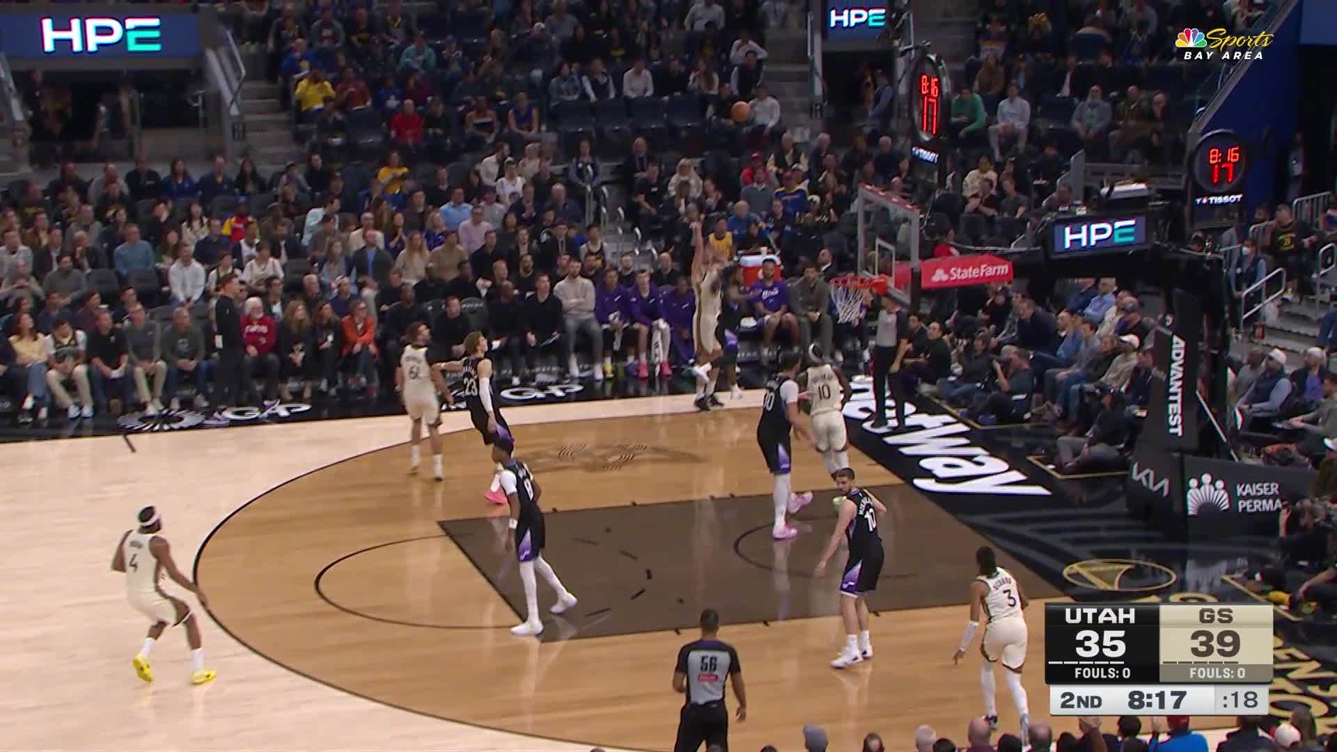 波斯特底角三分👌勇士44:35爵士。