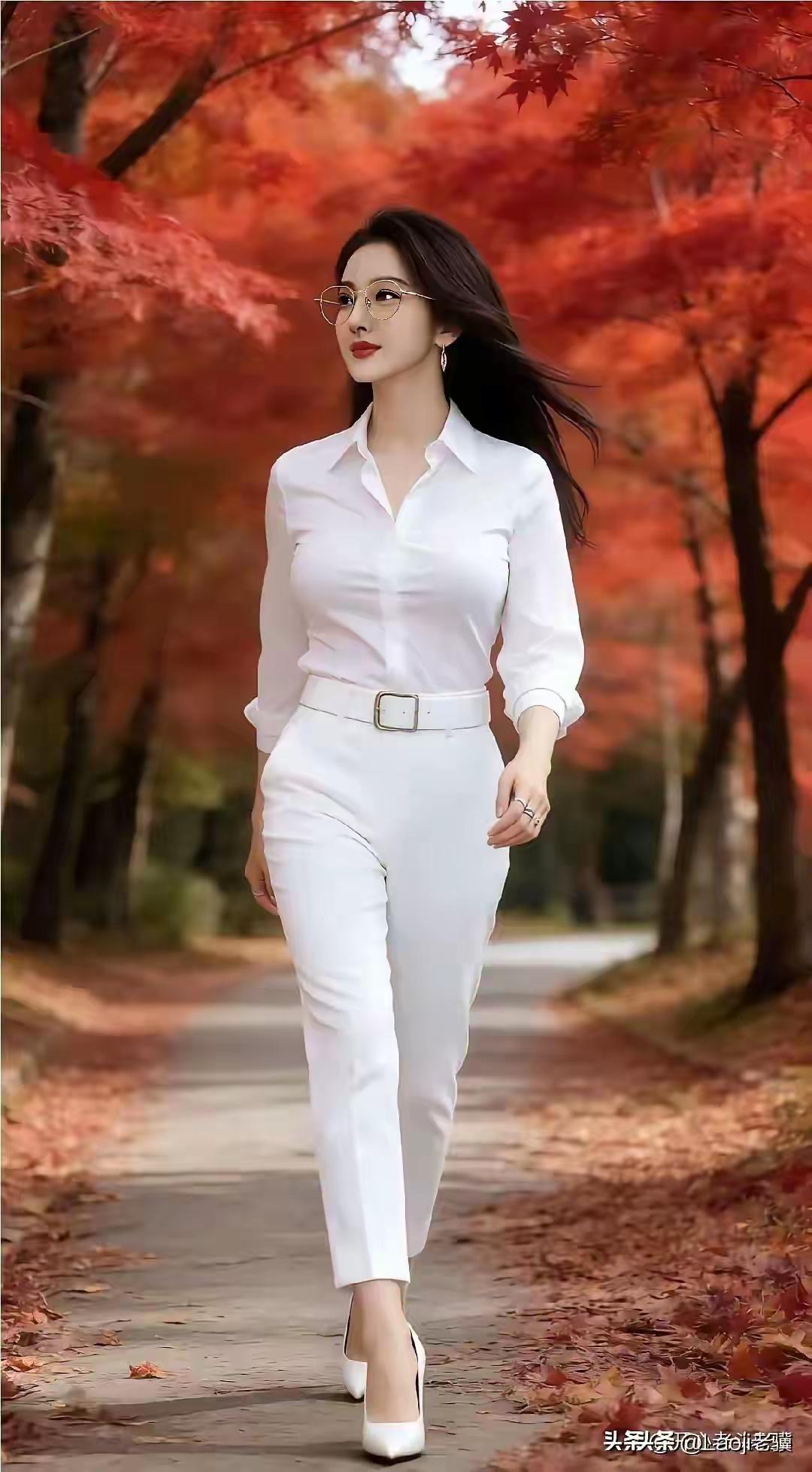 秋日漫步，白衣飘飘，红叶相伴，优雅前行。