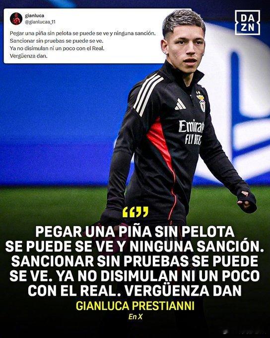 【追加处罚】被欧足联临时处罚停赛一场，本菲卡的普雷斯蒂安尼在社交媒体上发文炮轰欧